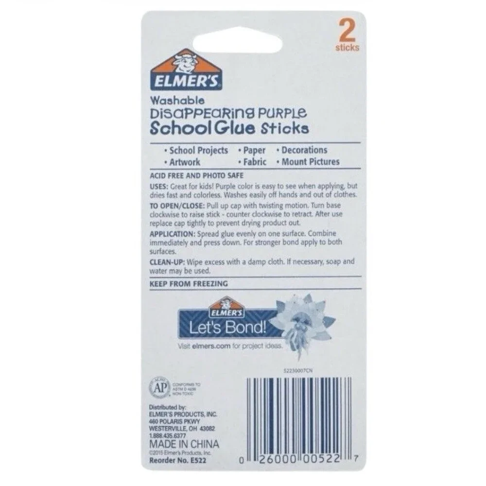 2x Elmer's Washable Disappearing Purple School Glue Sticks 2 Each